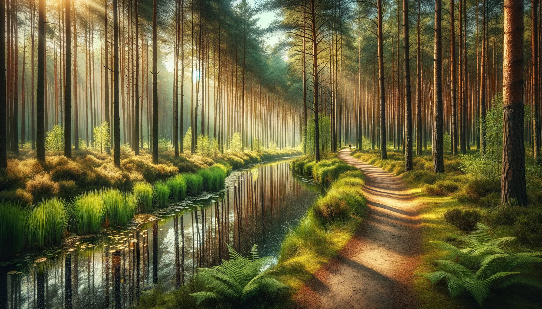 DALL·E 2024-03-18 22.55.53 - A serene scene depicting a small pond beside a jogging route in a pine wood forest. The scene is peaceful and inviting, with the pond reflecting the t.webp